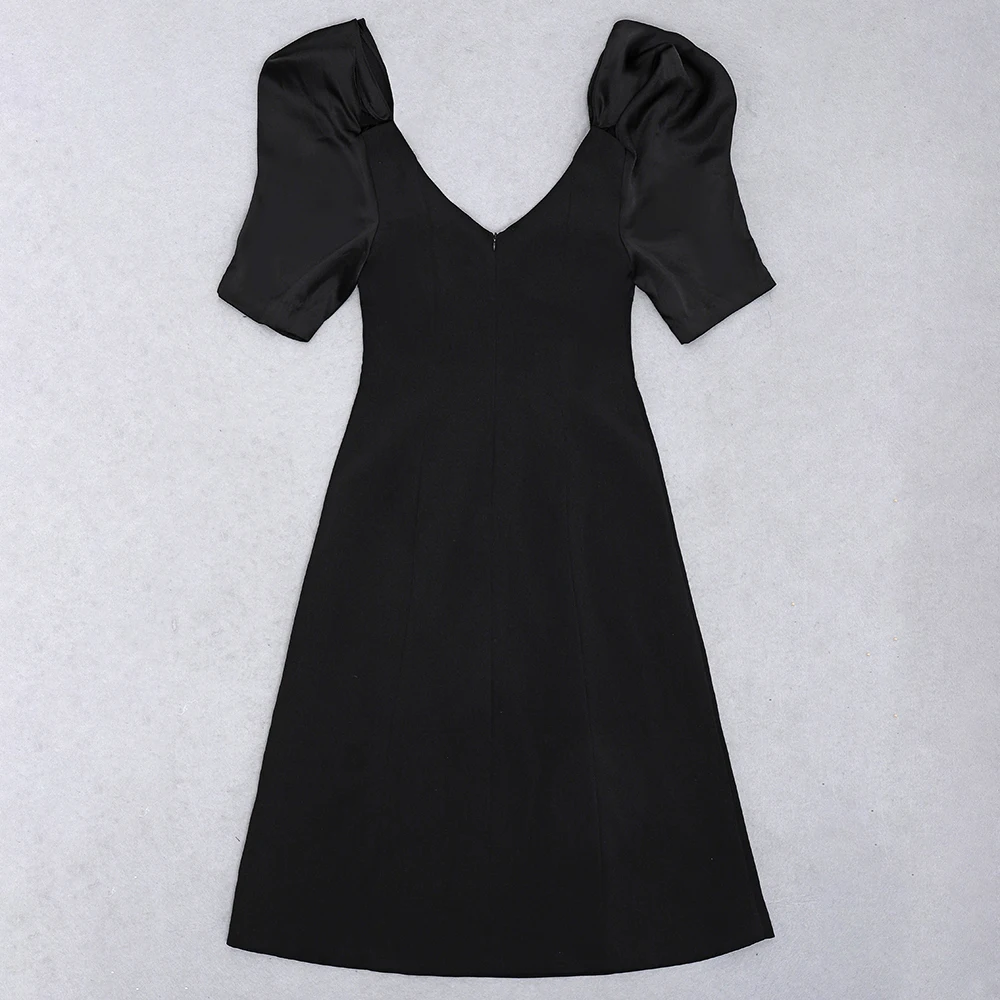 

Women Summer Fashion Sexy Short Sleeve V Neck Black Pleated Diamonds Lady Dress 2021 Elegant Evening Party Dress Vestidos
