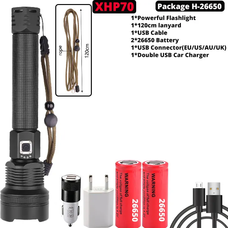 Package H-XHP70 XHP70.2 XHP90 USB Перезаряжаемый светодиодный светильник-вспышка XHP70 мощный фонарь супер водонепроницаемый охотничий светильник с зумом 18650 или 26650 Battey - Испускаемый цвет: Package H-XHP70