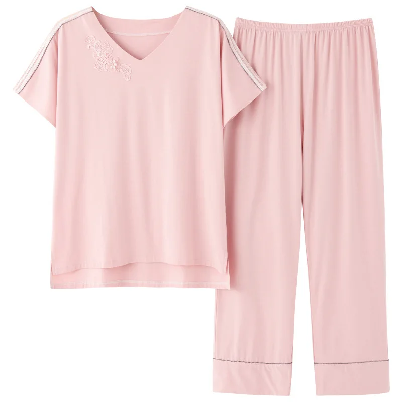 

Oversized Solid Color Women Home Service Lace Embroidery Short Sleeve Pajamas Cropped Trousers Pink Sleepwear Summer Students