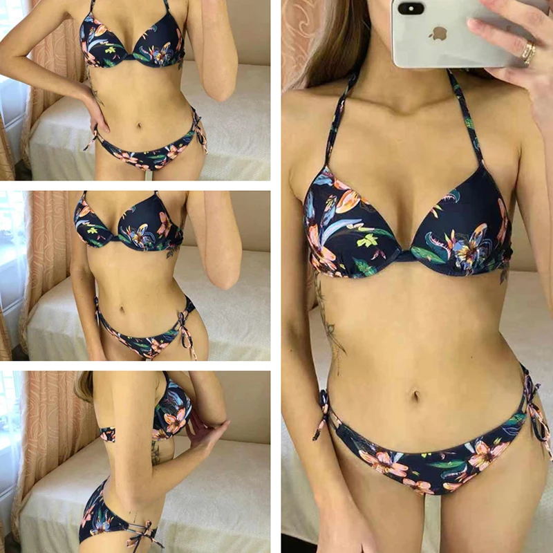 

Sexy Bikini 2021 New Swimwear Women Push Up Bikinis Set Print Flowers Swimsuit Brazilian Beach Wear Two Plece Set Bathing Suit L