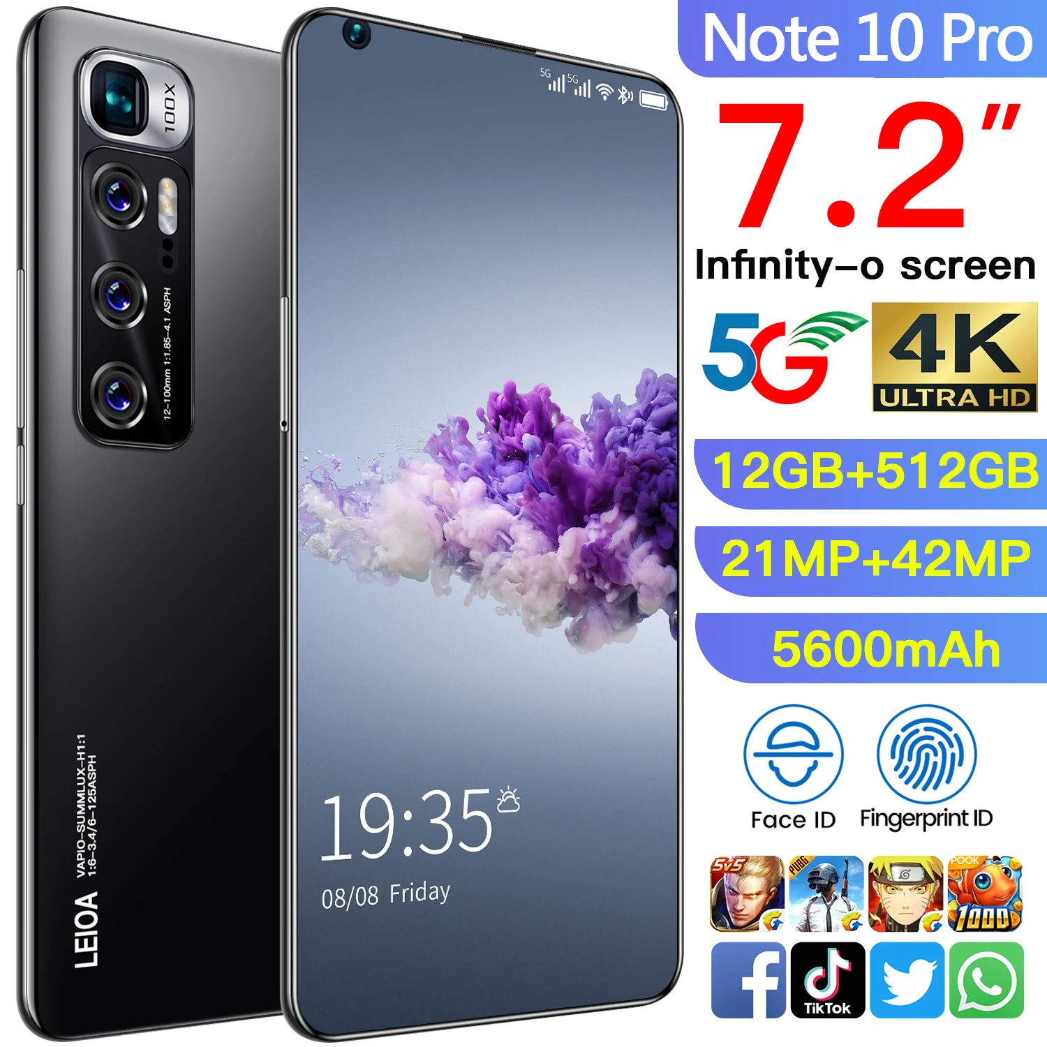 Смартфон глобальная версия Note10 Pro 7 2 дюйма 16 + 512 ГБ 21 42 Мп HD камера 5600 мАч