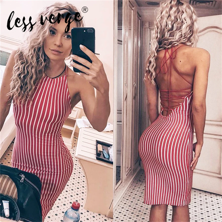 

Lessverge Women Dress Sleeveless Halter Summer Dress Bodycon Sheath Dress Backless Lace Up Sexy Club Dress