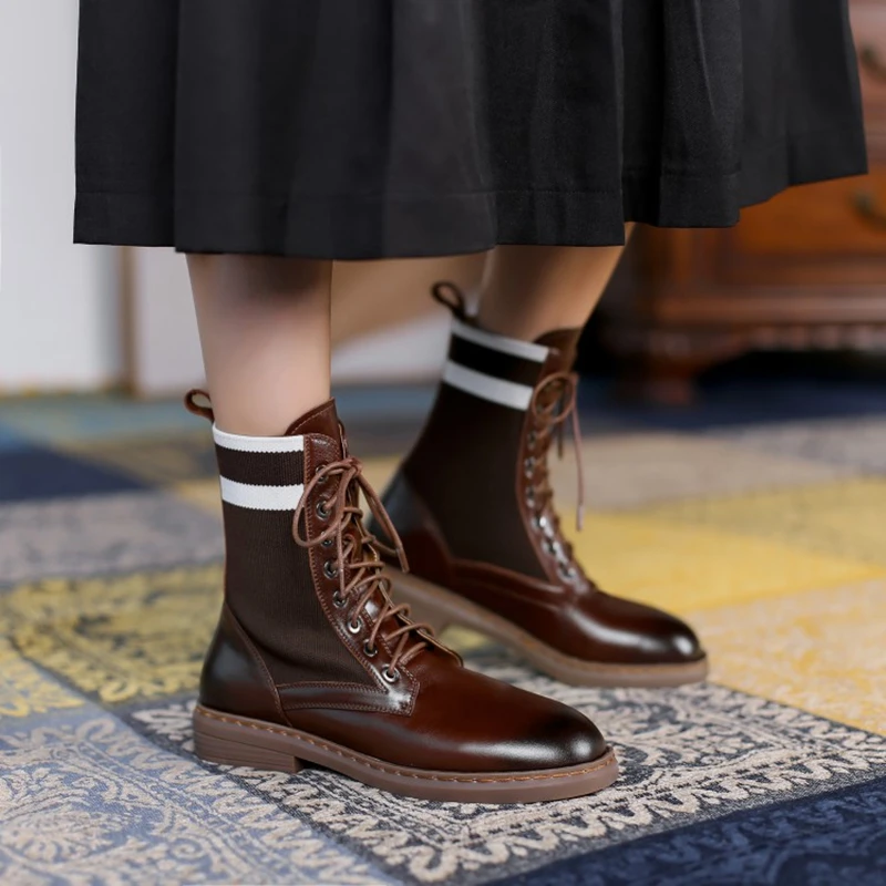 

Женские кожаные ботинки в стиле ретро, коричневые черные ботинки до середины икры с круглым носком и перекрестными ремешками на низком кабл...