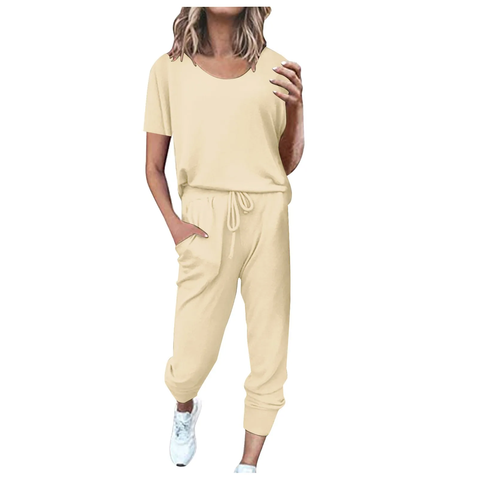 

Solid Color 2 Piece Set Women Tracksuit Short Sleeve Top Outfit Joggers Sweatpants Suits Women Workout Set 2021 Lounge Wear