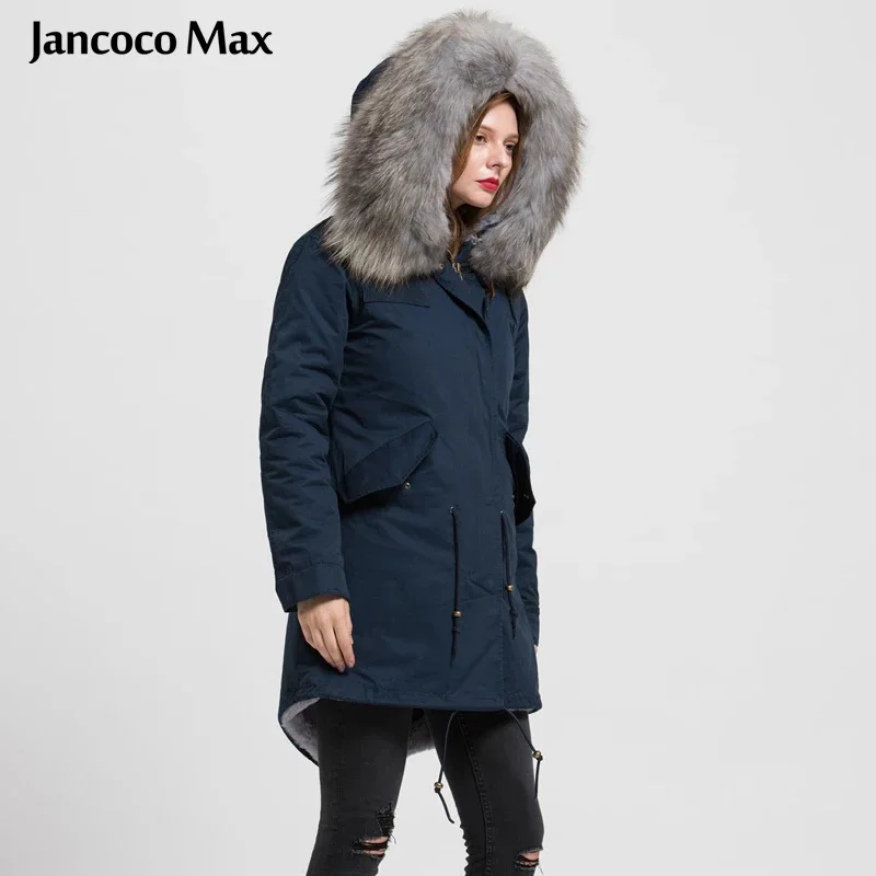 Jancoco Max темно синяя/зеленая/черная длинная женская куртка с большим меховым