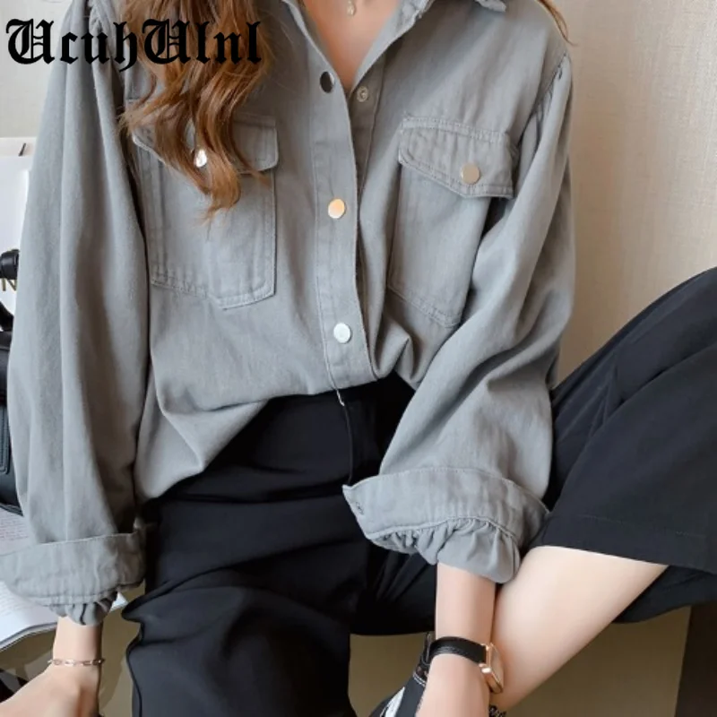 

Blouses Shirts Women Spring Pockets Long Sleeve Fashion Solid Korean Style Loose Students Womens Vintage Street Elegant New