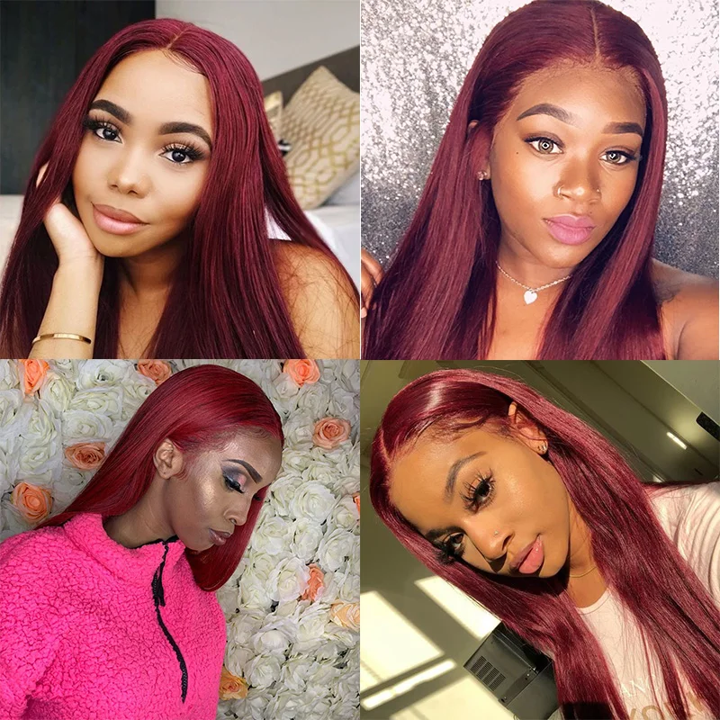

Remyblue Long Straight Lace Front Human Hair Wigs For Black Women Malaysian 13X1 Hd Lace Part Wig Burgundy 99J Remy Human Hair