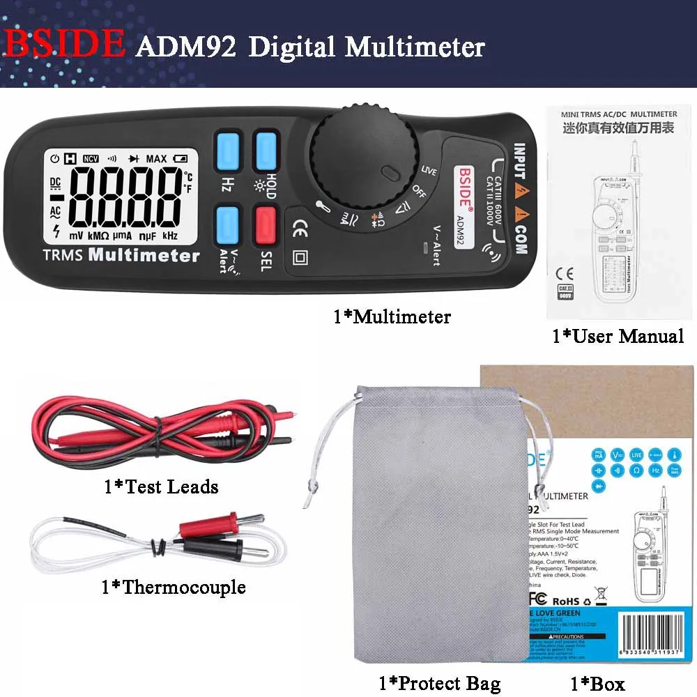 Многофункциональный цифровой мультиметр BSIDE ADM92CL цветной ЖК-дисплей Multimetro Автоматический диапазон True RMS Temp Тестер Вольтметр Ampermetr - Цвет: ADM92 (LCD Display)