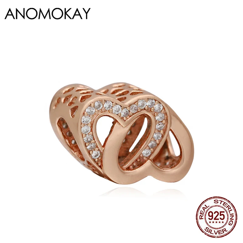 

Anomokay Classic Double Heart Rose Gold Color Charm with White Crystal Openwork Love 925 Silver Bead for DIY Jewelry Making