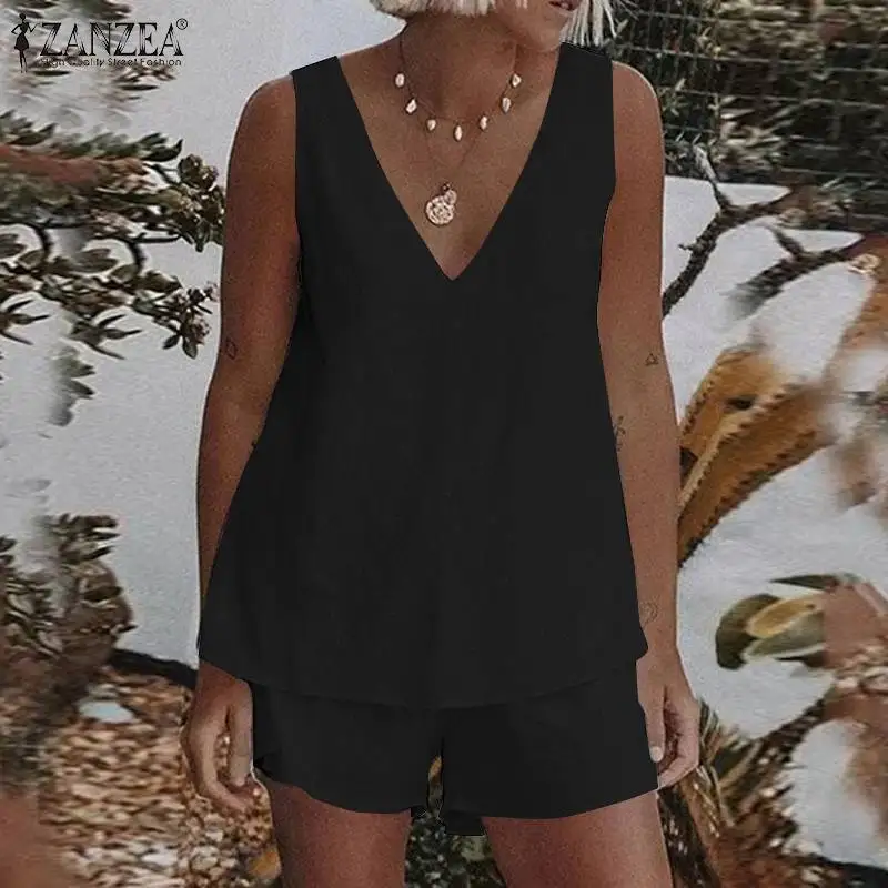 

Loose Holiday Beach Suit Women Casual Sleeveless 2PCS ZANZEA Vintage Cotton Matching Sets Summer V Neck Elastic Waist Short Sets