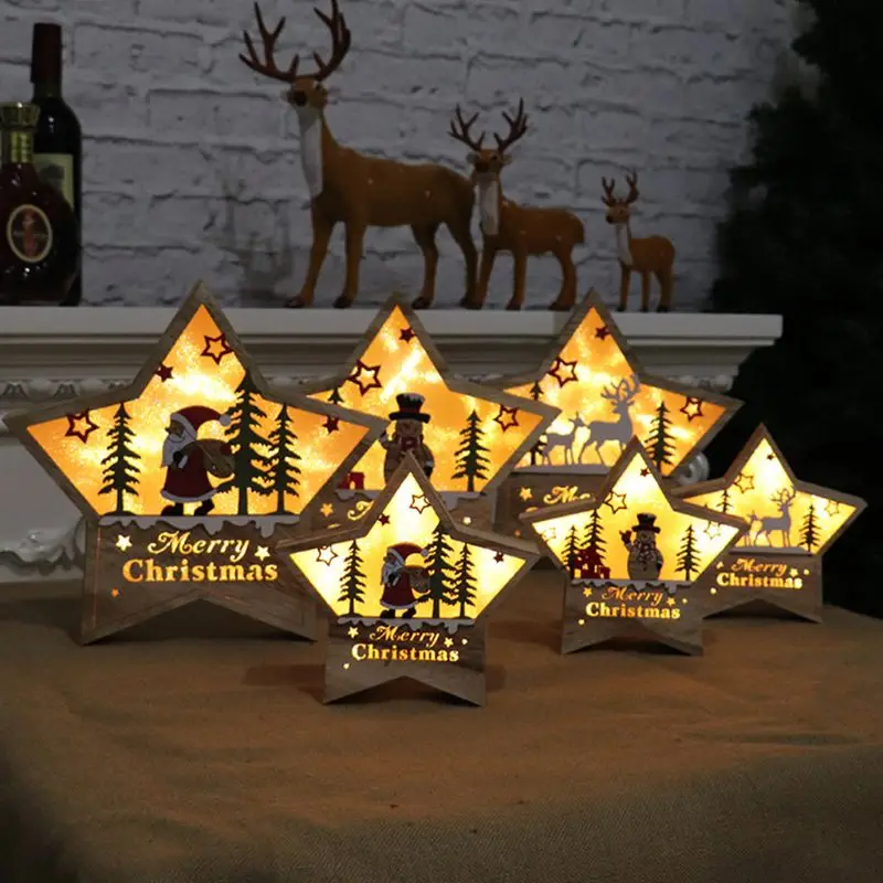 Lighting Christmas Wooden Ornament LED Stars Shape Santa Claus Deer Decor Lamp Xmas Gift