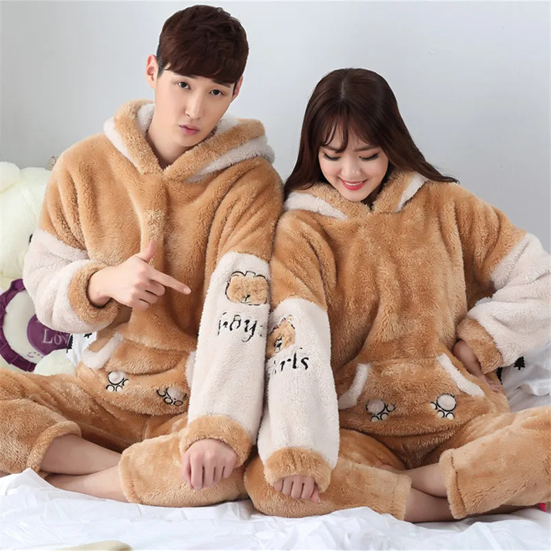 Новый осень зима Женские Фланелевые пижамы комплект с капюшоном Медведь детские
