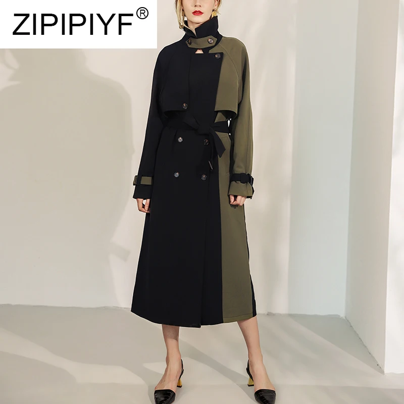 2019 осень/зима модный контрастный цвет рукава реглан двубортный женский ветровка