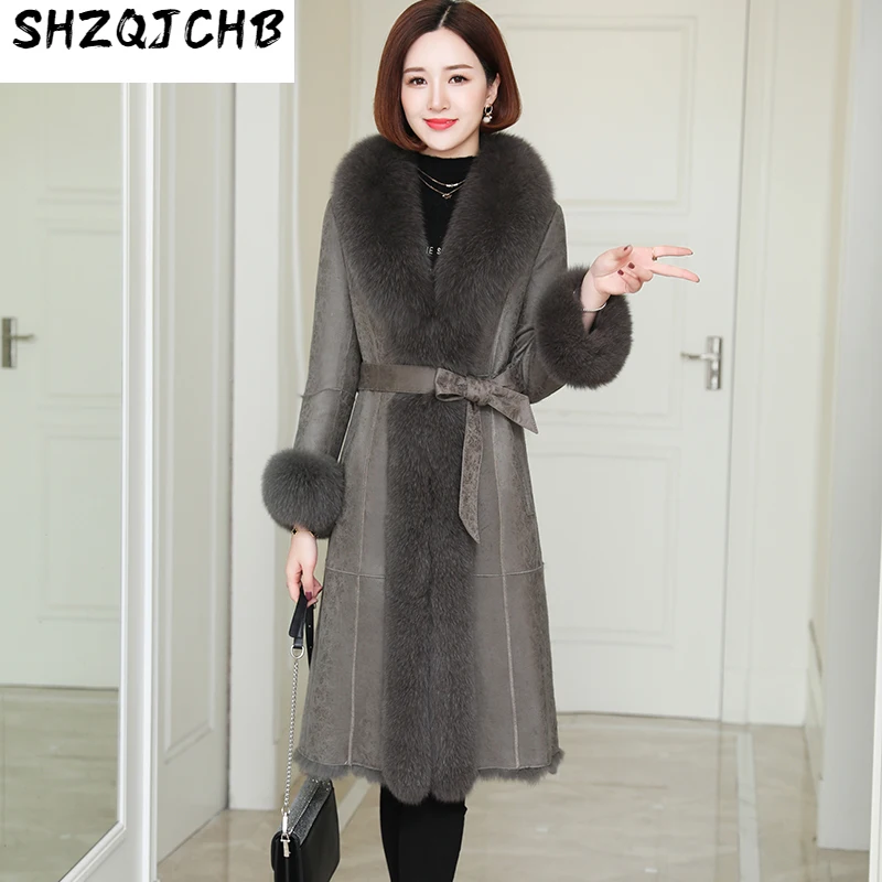 

SHZQ новая кожаная женская одежда со вставкой из кроличьего меха средний и длинный воротник из лисьего меха ремень меховое пальто