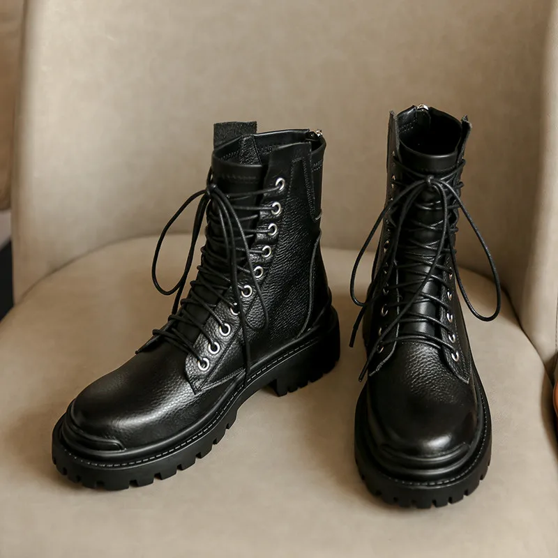 Online MORAZORA 2022 Baru Tiba Sepatu Datar Wanita Alas Kaki Kulit Asli Ujung Bulat Renda Ritsleting Nyaman Sepatu Bot Sepeda Motor Wanita
