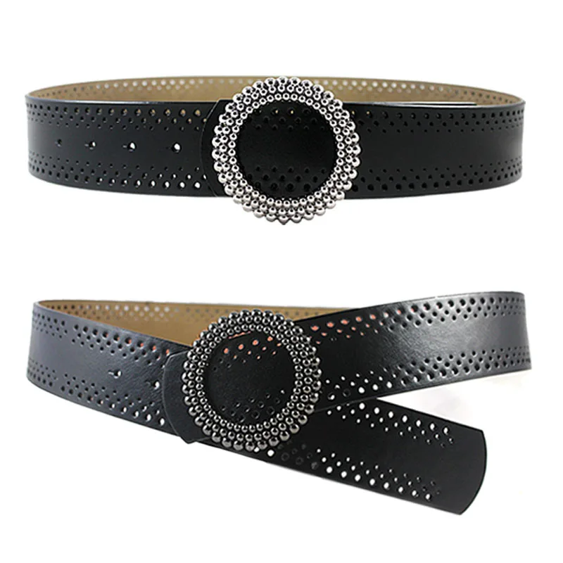 Fashion Women Vintage Hollow Genuine Leather Wide Belt Metal Beads Round Buckle Decorative Belts For Dress Waistband For Jeans