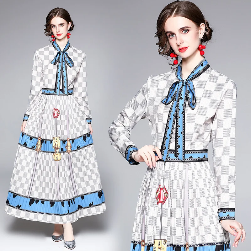 

Designer Plaid Print Chic Ins England French Dress Fashion Bow Long Sleeve Spring/Autumn Office Lady Tunic Luxury Party Dresses
