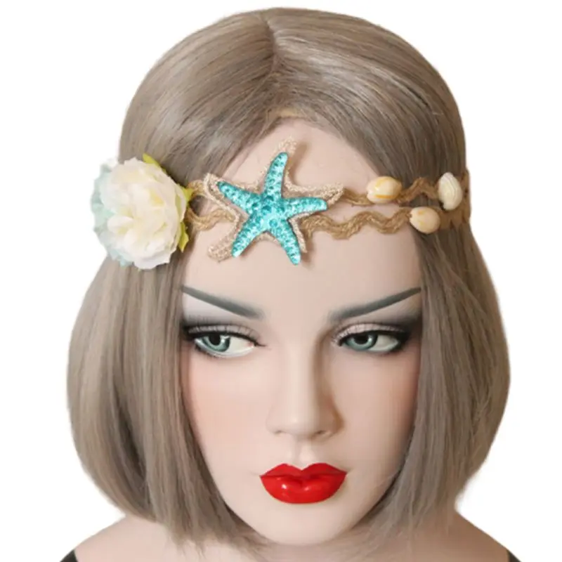 

S для отпуска, в богемном стиле повязка на голову Морская звезда стразы, лента для волос, натуральная основа, цветок, конопляная веревка пляж...