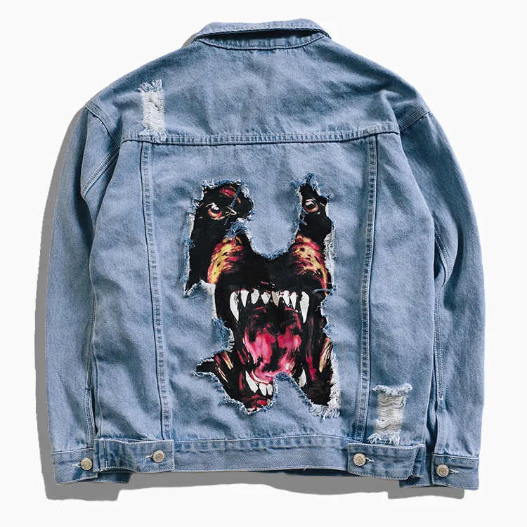 

2021 Denim Jacket Men Hip Hop Streetwear Dog Head Printing Cowboy Ripped Distressed Jean Jacket Men Women Brand Casual Jacket