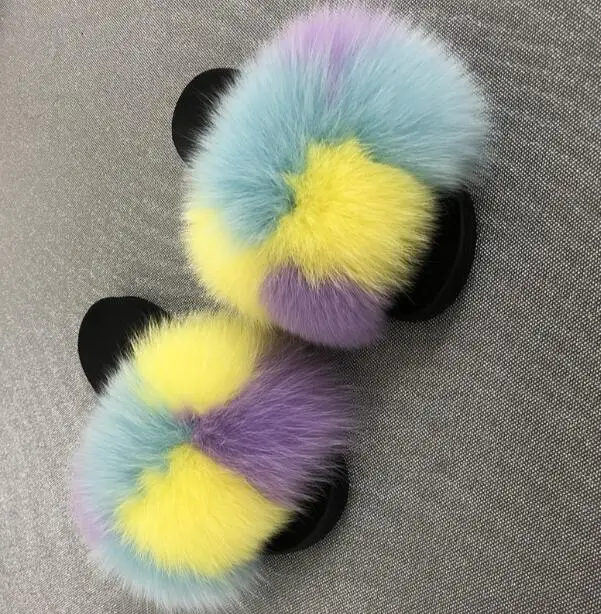 as pic shows 14 Women Fox Fur Slippers Real Fox Fur Slides Lovely Plush Slippers Woman Summer Home Sandals Women Fur Slides Furry Flip Flops Hot - Цвет: as pic shows 14