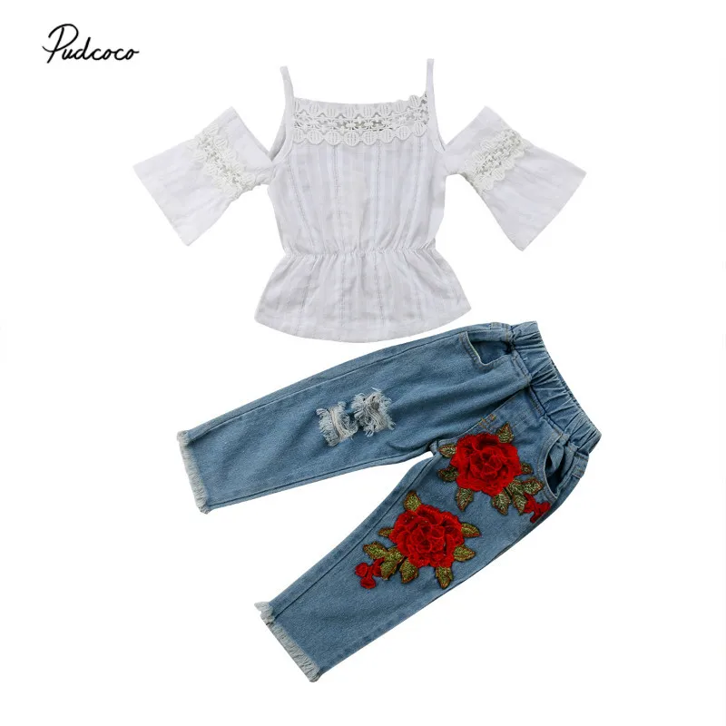 Pudcoco/Новинка модные детские кружевные топы для девочек джинсы с цветочным
