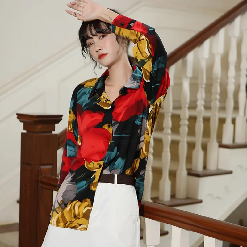 

Jlong Summer Chiffon Blouse Casual Loose Long Sleeve Shirt Tops V-neck Female Floral Printed Tops 2021