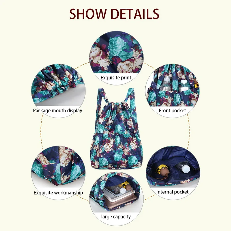 

Women Drawstring Printed Backpack Rucksack Shoulder Bag Summer Pattern Nylon String Handbags Student Vintage School Bags Casual