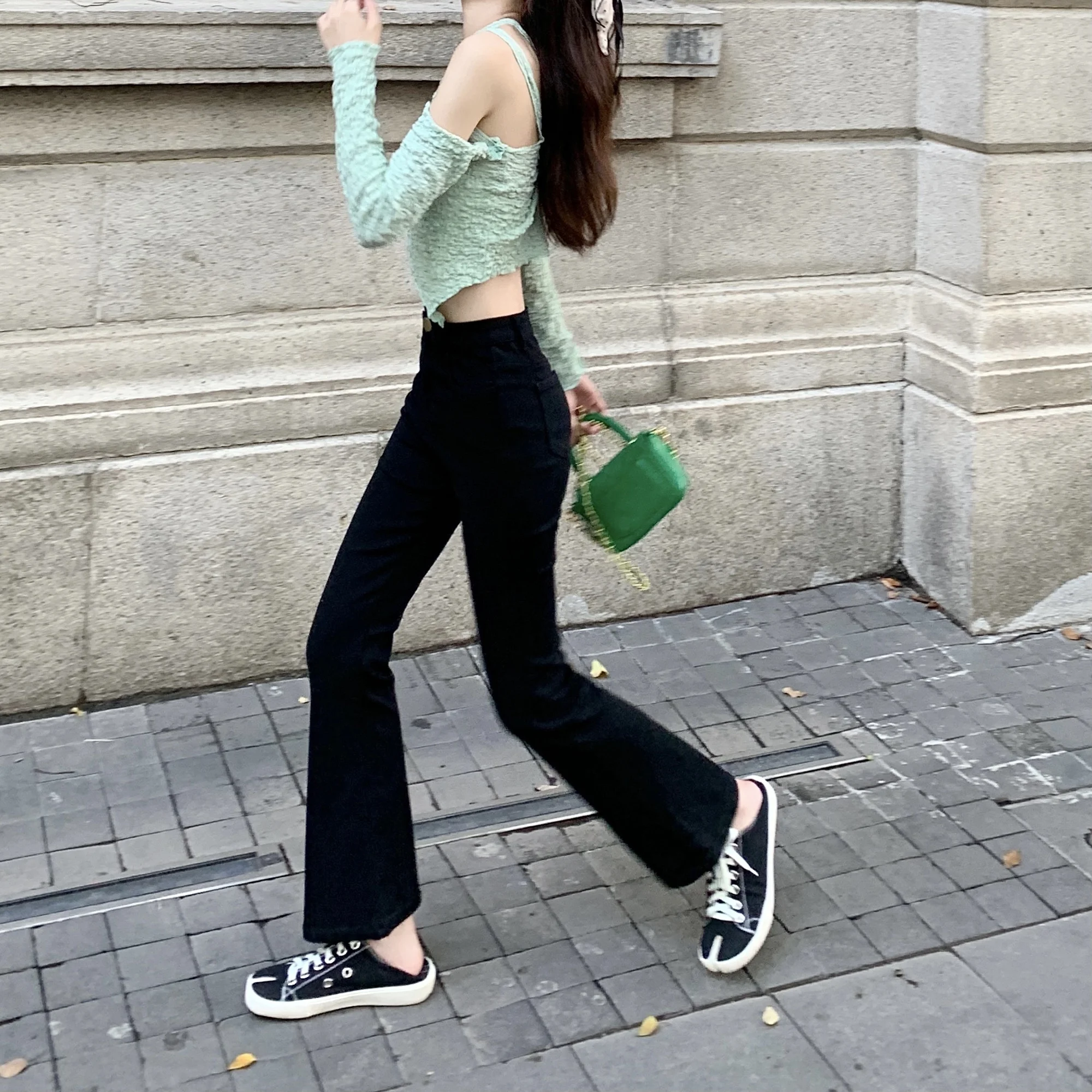 Черные Микро расклешенные брюки женские узкие прямые с высокой талией летние