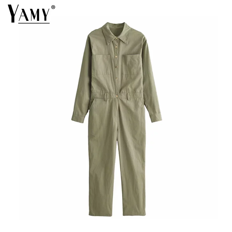 Зеленый комбинезон женский с длинным рукавом повседневный уличная широкие ноги