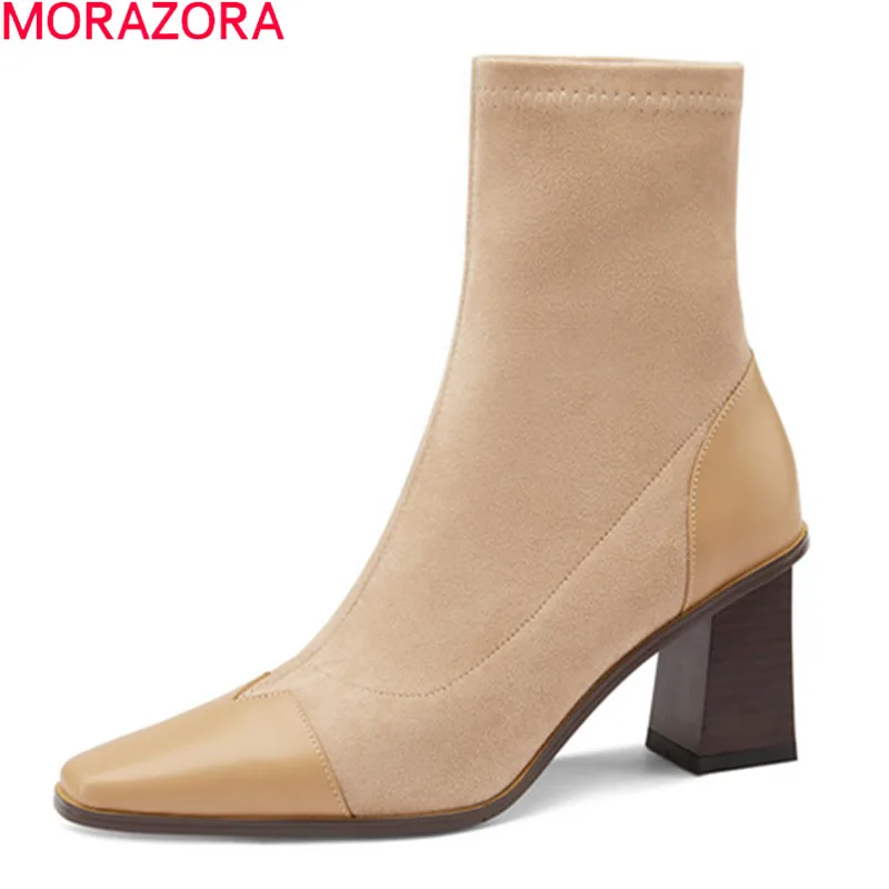 

MORAZORA 2021 Genuine leather boots thick high heels square toe ladies shoes autumn winter slip-on ankle boots for woman