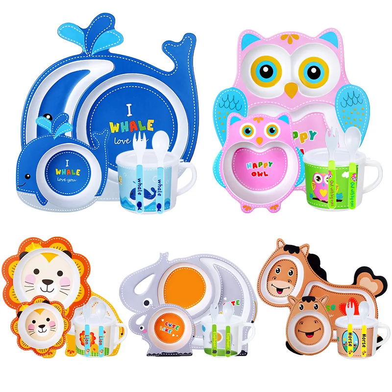5PCS /Set Bamboo Fiber Tableware Children's Cartoon Animals Baby Gridded Plate Bowl and Dish Set Mother and Baby Shop Gifts