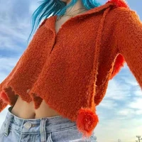 2021 new kawaii short pull femme sweters harajuku hairy hairball fur collar hooded crop sweater women knitted cardigan gothic
