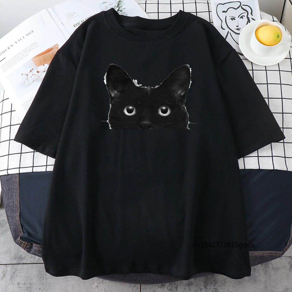 

Kawaii Black Cat Print T Shirts Summer Short Sleeve Loose Harajuku Tee Shirts Female O Neck Hip Hop Black Streetwear Tee Shirts
