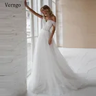 Элегантное свадебное платье Verngo с открытыми плечами для невесты ТРАПЕЦИЕВИДНОЕ Тюлевое платье в горошек с короткими рукавами 2021 Свадебные платья с кристаллами и поясом