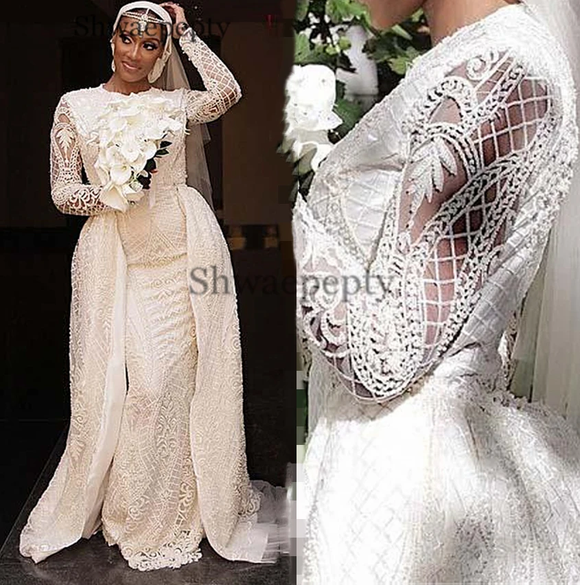 

Kaftan Full Lace Wedding Dress With Detachable Skirt Long Sleeve 2021 Arabic Muslim Islamic Country Wedding Gowns Bridal Dresses