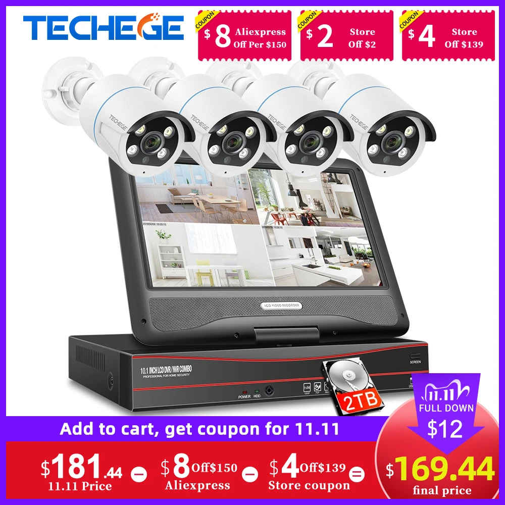 Комплект уличной IP камеры Techege 8 каналов 1080P 10 1 дюйма 2 МП ТВЛ|Система наблюдения| |