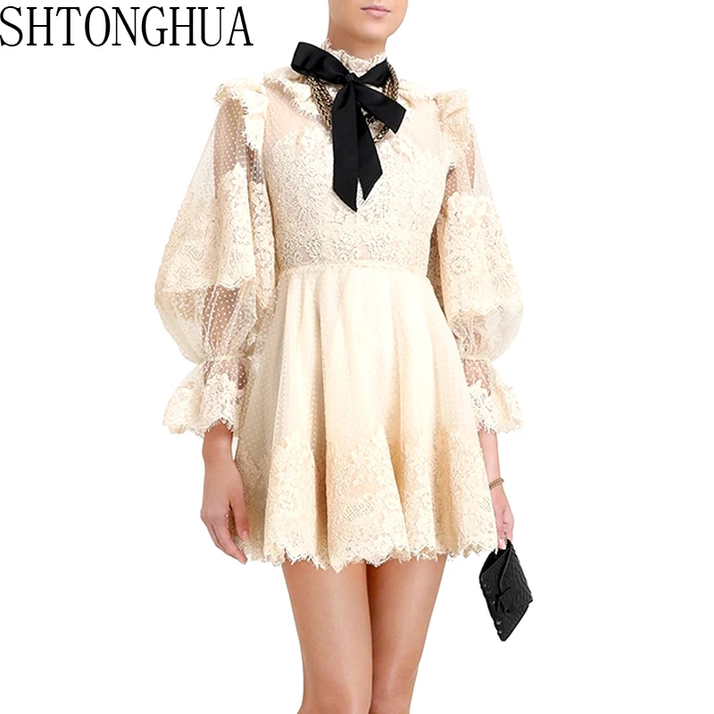 Подиумное Сетчатое кружевное платье в горошек осень 2019 милое со стоячим