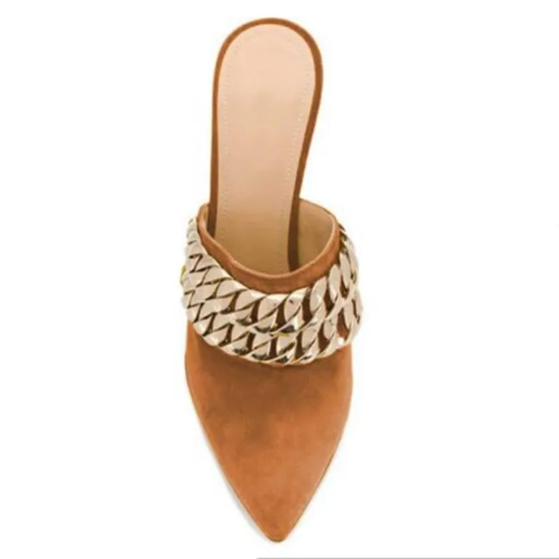 

SHOFOO shoes,Fashion women's slippers, suede, gold chain decoration, about 11cm high-heeled slippers, outdoor slippers