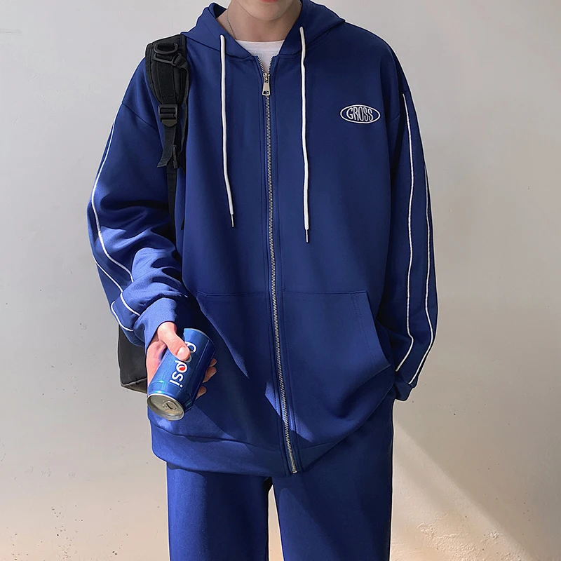 LAPPSTER Tracksuit мужской спортивный костюм осень мужские модные брюки комплект из двух предметов Мужской боковой полосатый Бомбер куртка пальто - Цвет: Sapphire