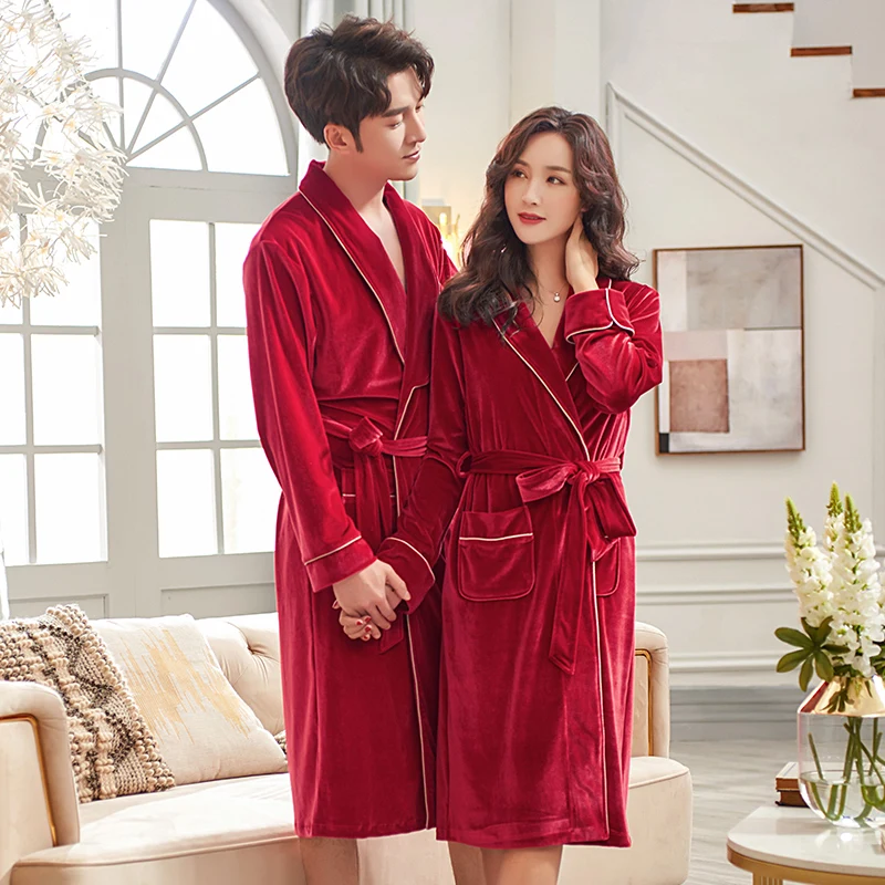 Золотистый бархатный халат толстый теплый для пар красное праздничное свадебное
