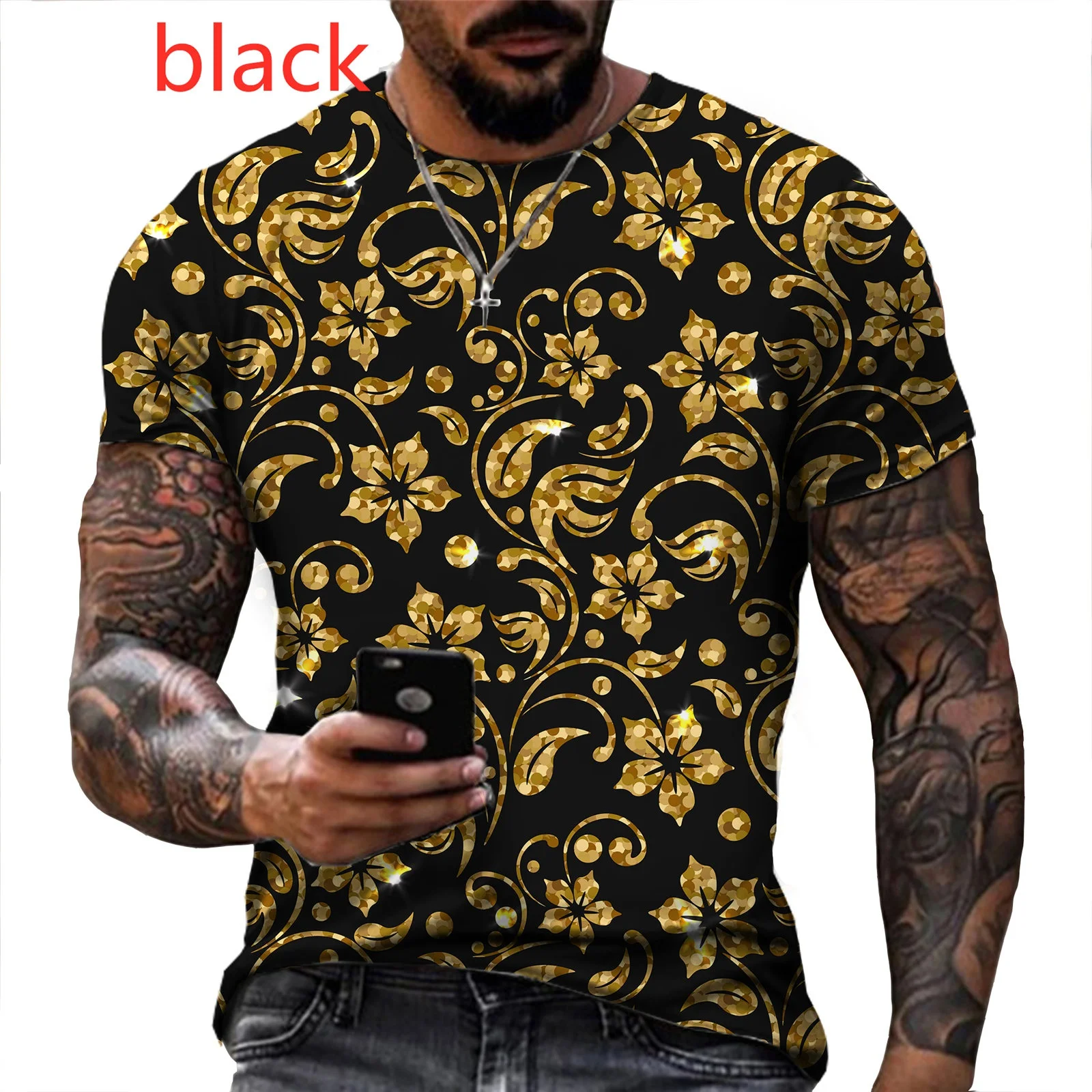 

Fashion 3D Art Gold Flower Printed T Shirts Personality Vertigo Graphic Tee Shirt Casual Short Sleeve T-shirt Plus Size XXS-6XL