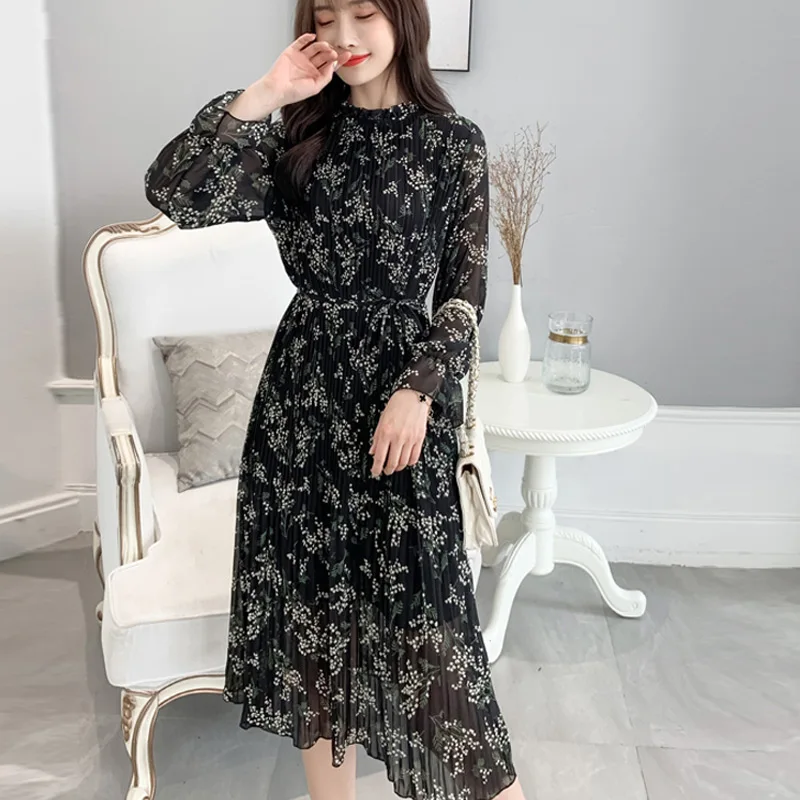 Шифоновое Плиссированное Платье с принтом повседневное модное свободное