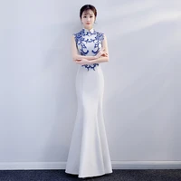 white mermaid chinese evening dress long qipao embroidery cheongsam women oriental wedding gowns robe chinoise party dresses