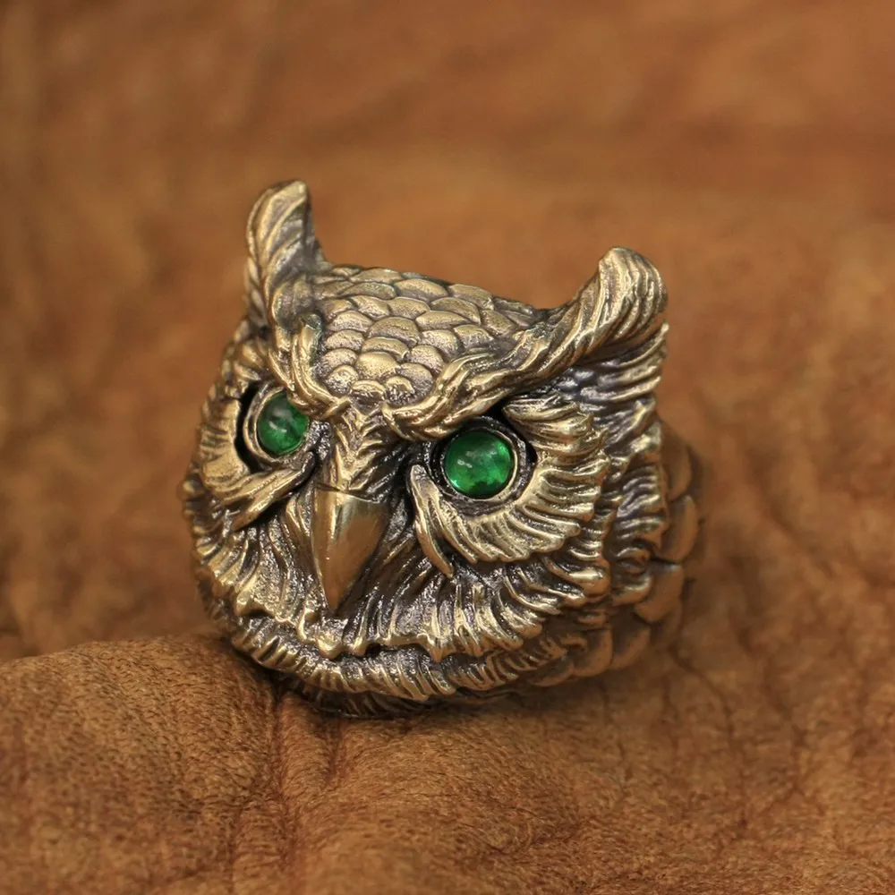 

LINSION Brass Owl Green CZ Eyes Animal Ring Mens Biker Rock Punk Jewelry BR261 US Size 7~15