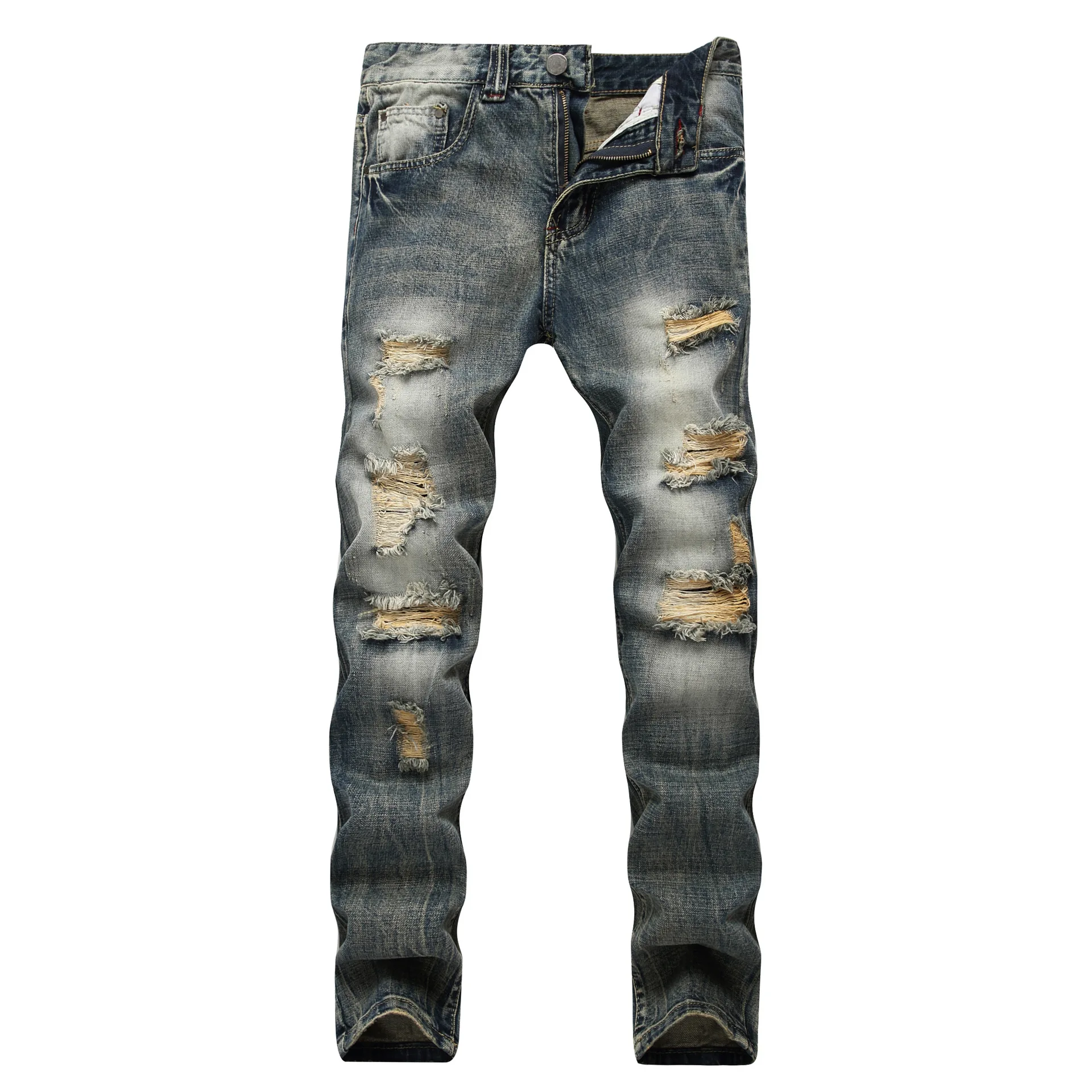 

Streetwear Men's Ripped Straight Jeans Slim Fit Vintage Washed Cotton Cowboys Trousers Male Autumn Casual Distressed Denim Pants