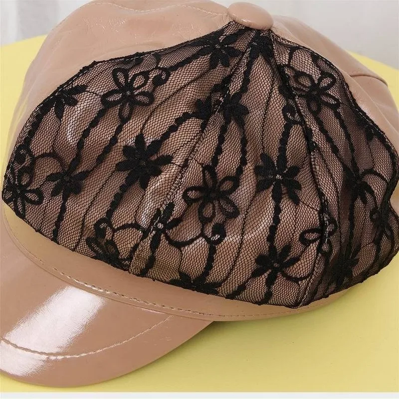 Восьмиугольный женский корейский модный кружевной однотонный кожаный берет с