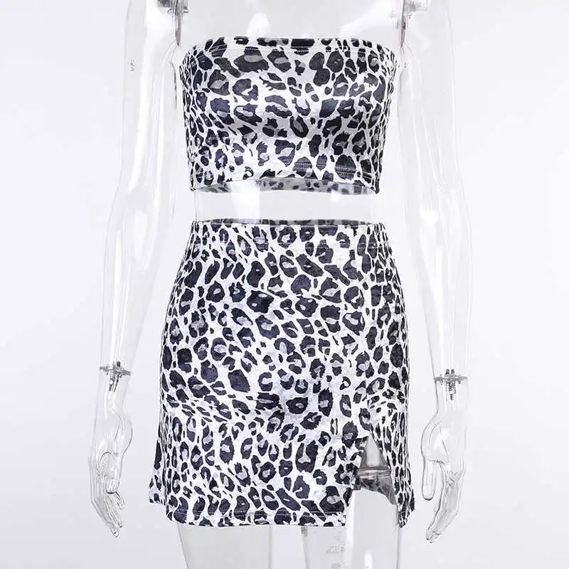 

Leopard Print Sexy Women Dress 2 Piece Set Sleeveless Strapless Bra+Slim Mini Dress Party Club Streetwear Spring