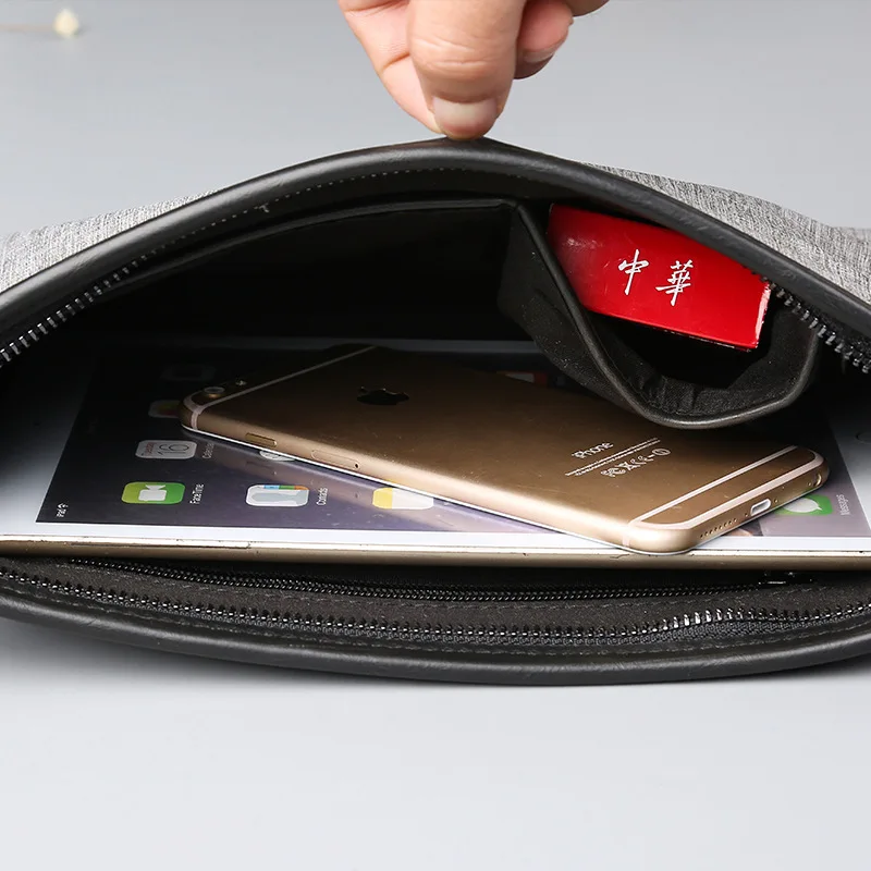 

Solid Gray Men Canvas Tote Bags Fashion Panelled Business Envelope Clutch Bag Male Casual Street Small Handbag Document Bags