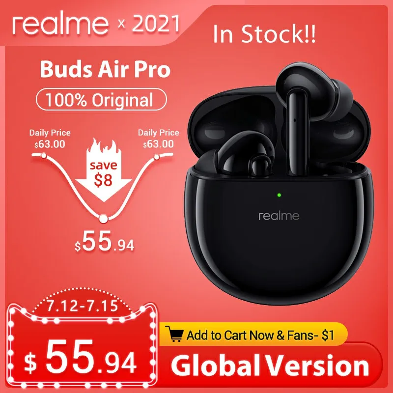 

Глобальная версия realme бутоны Air Pro Активный Шум отмены Bluetooth 5,0 гарнитура 10 мм басов наушники Беспроводной наушники