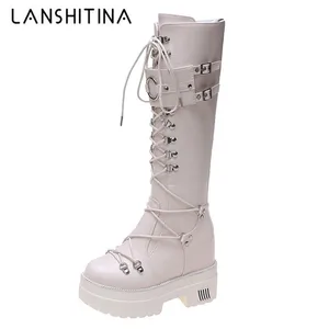 Женские кожаные сапоги до колена, высокие сапоги на массивной платформе в стиле ретро и панк, зимние сапоги на шнуровке, 2021